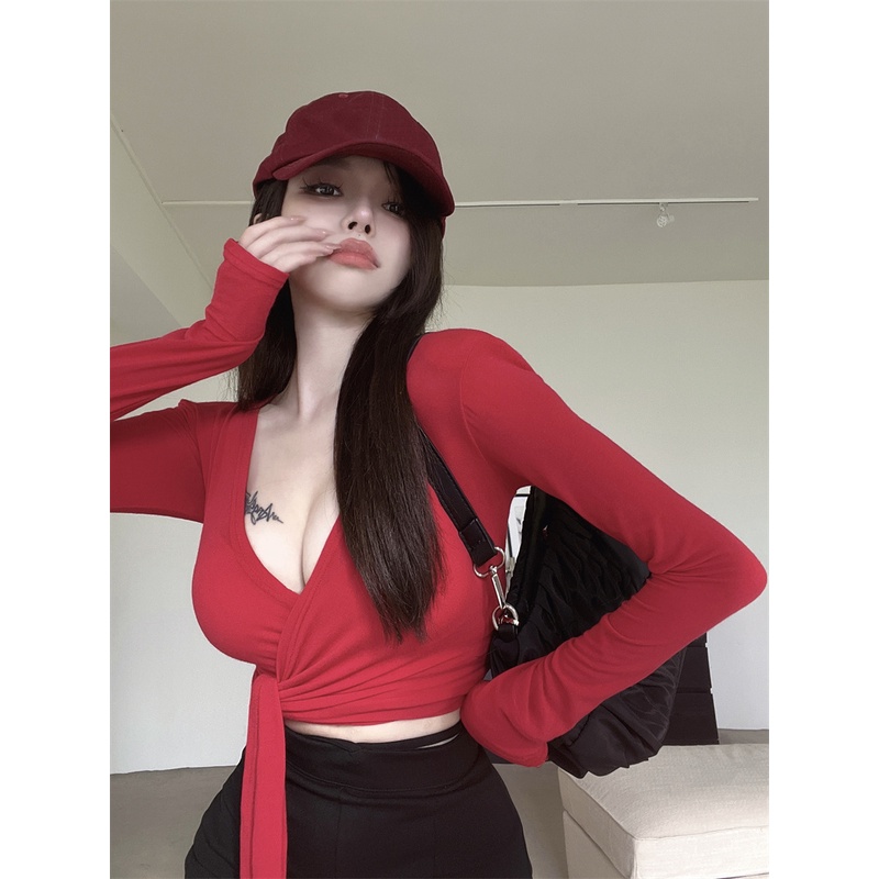 Murni Desire T-shirt Wanita Musim Panas Putih Panas Gadis Perban Cross Leher V Seksi Ketat Ramping L