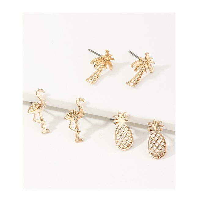 LRC Anting Set Fashion Golden Alloy Flamingo Pineapple Earrings 3 Pairs D91980