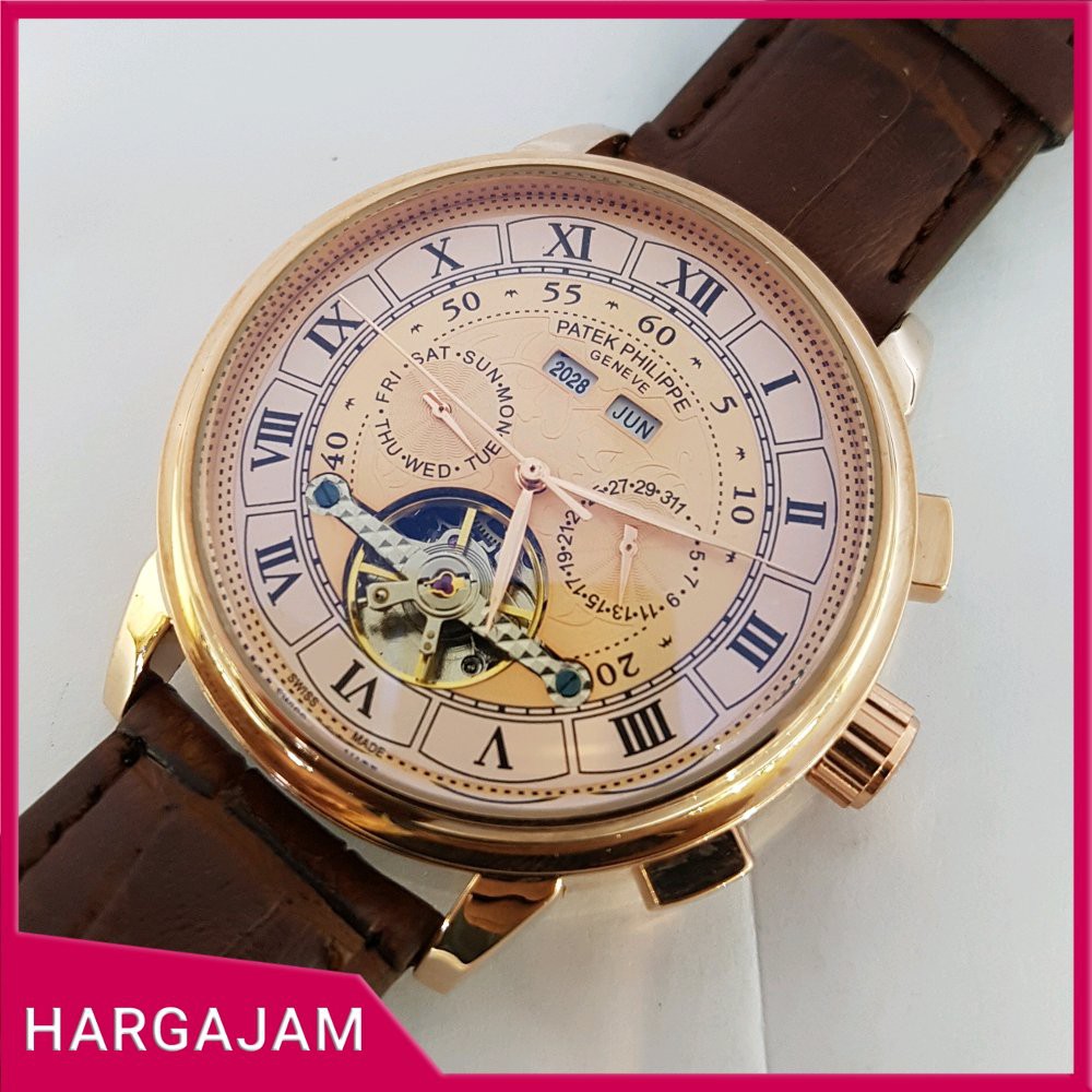 Elegan - Jam Tangan Pria Automatic Patek Philippe P1449 Leather Strap - hargajam cowok matic fashi