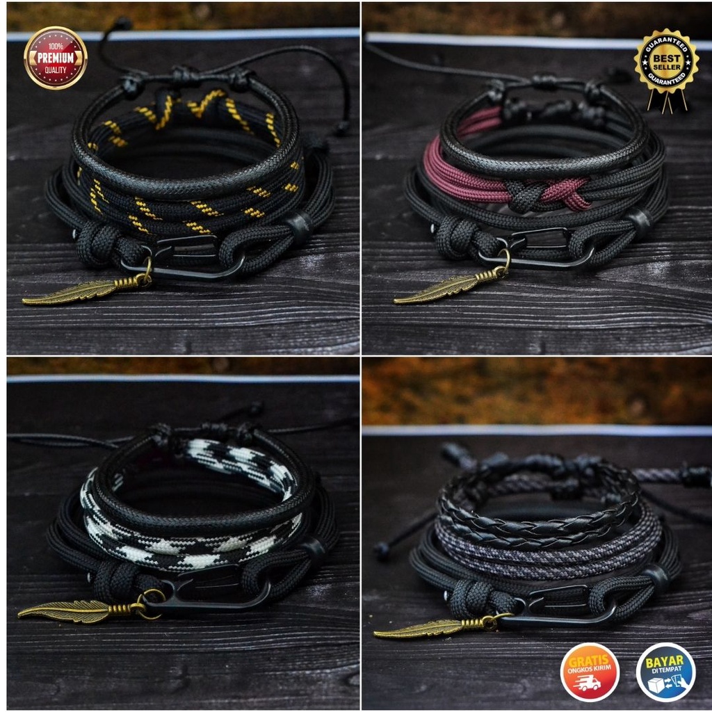 Gelang Tali Paracord 4mm 550lbs Pria Warna Hitam Polos Outdoor Survival Classy Bracelet Cowok Premium