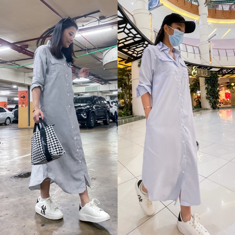 Vanesha Margaretta - 1288# Dress Midi Kemeja Salur/ ada kantong bobok / dress daily kantor