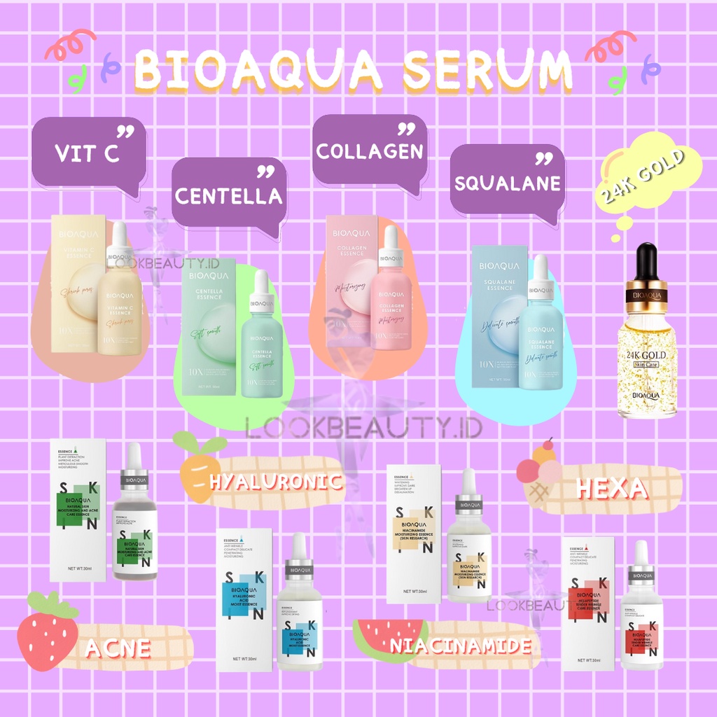 {LB} BIOAQUA ESENSES SERUM MOISTURIZING HYALURONIC ANTI ACNE HEXA NIACINAMIDE / BIOAQUA CENTELLA COLLAGEN VIT C SQUALANE - BPOM