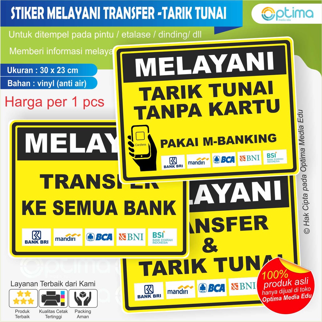

JUAL STIKER TULISAN TARIK TUNAI - TRANSFER SEMUA BANK - TARIK TUNAI TANPA KARTU