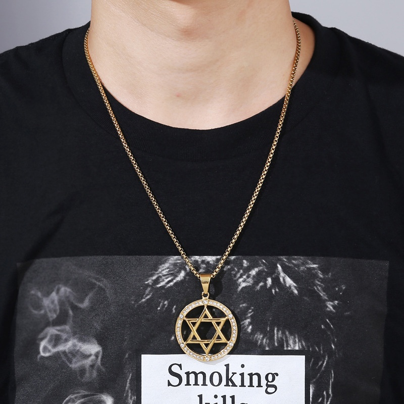 Kalung Rantai Dengan Liontin Hexagram Warna Emas Untuk Pria