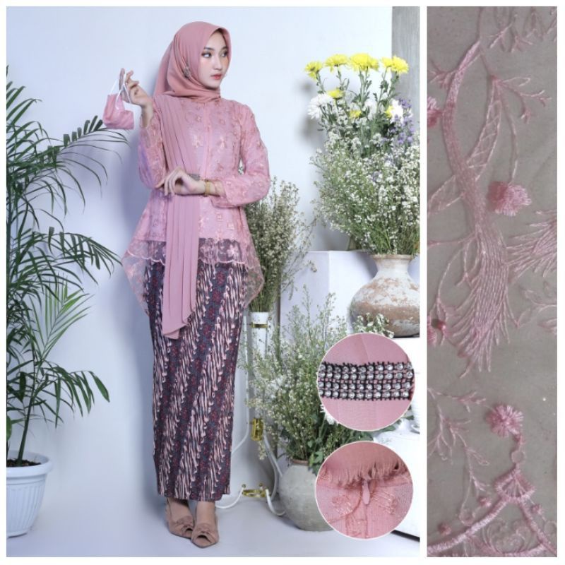 PROMO!! set kebaya Aira selendang/set kebaya Aurora selendang/kebaya modern/kebaya pesta-Set rosegold