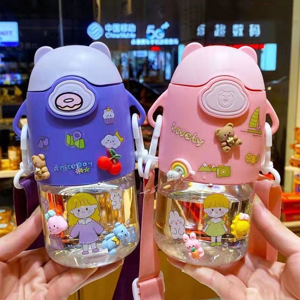 INFY - Botol Minum Anak Air 600ml Botol Minum Anak Lucu Motif Karakter Beruang Imut dengan Sedotan R746