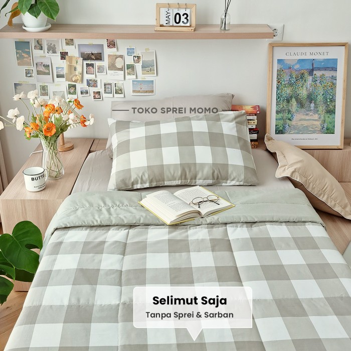 Selimut Dewasa Bedcover Tipis / Selimut Murah - Katun - Size Single - Elegant Plaid - Khaki(U2K4) Se