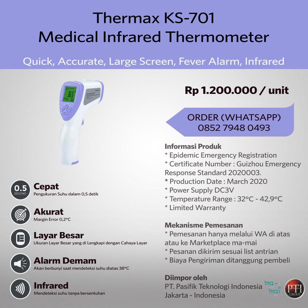 Thermometer Thermax KS-701 Infrared Thermo Gun Forehead Pengukur Suhu