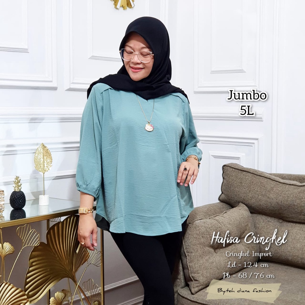 Atasan Wanita Jumbo / Baju Atasan Wanita Jumbo / Blouse Wanita Jumbo Import Hafisa Crinkle Polos Import Ld 124-4