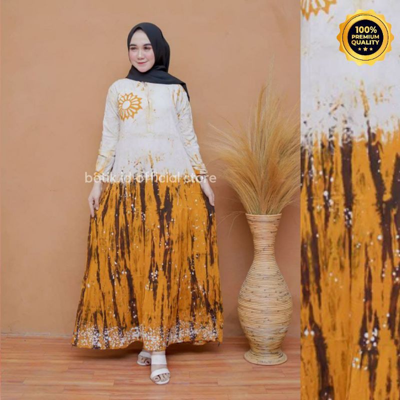 Gamis Twill Rayon Malaman Terbaru Kekinian Busui | Gamis Tiedye NEW-WHITE MUSTARD