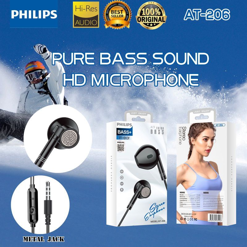 Handsfree Headset Earphone Philips Besi AT-206 Plus Mic Stereo Suara Bagus