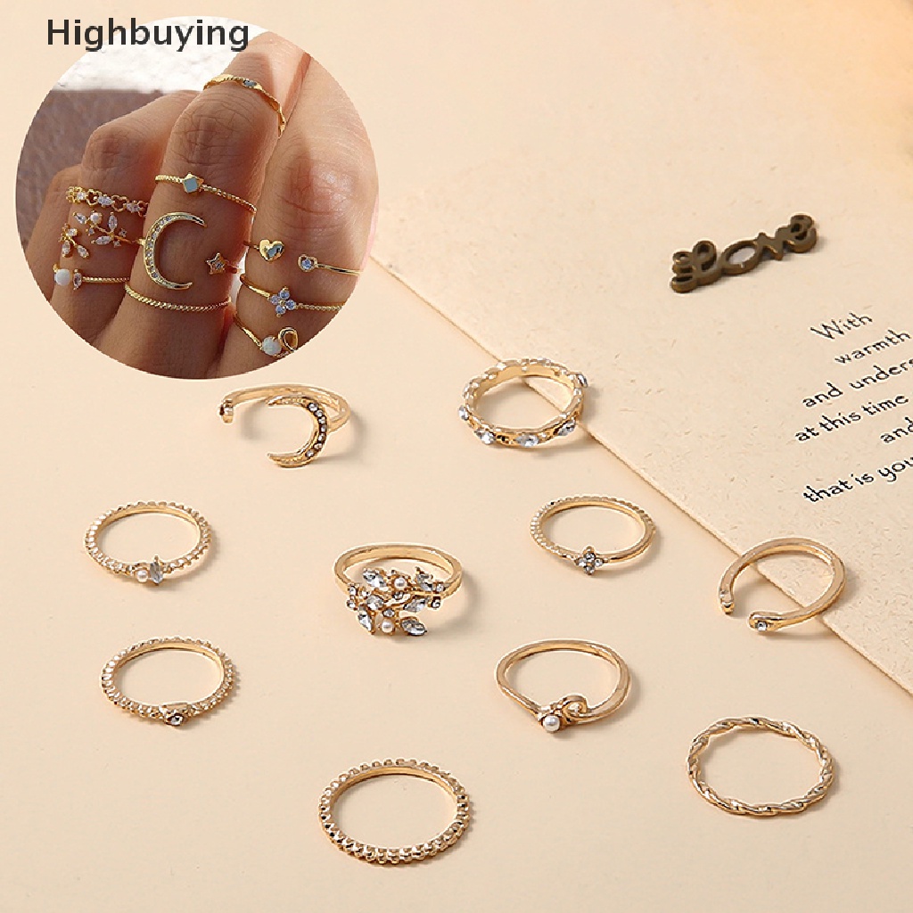 Hbid 10Pcs / set Cincin Motif Daun / Bunga / Bulan / Bintang / Geometri Aksen Mutiara + Kristal Untuk Wanita