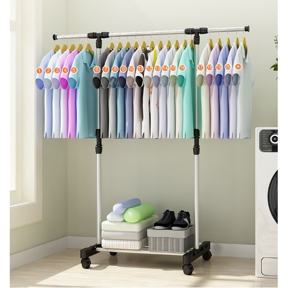 

MURAH Hanger Stand Single Rak Serbaguna Gantung Baju Jemuran 4 Roda Double