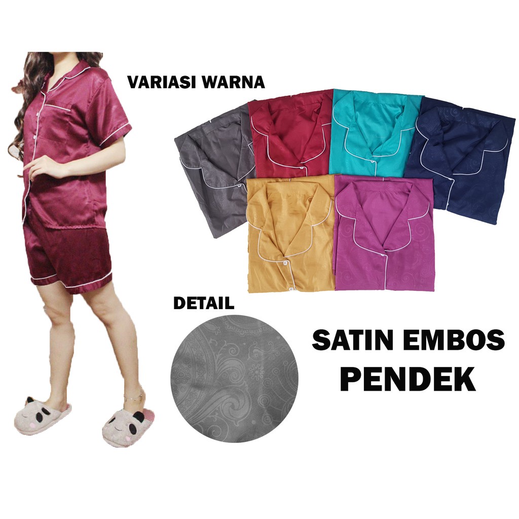 Fortglass PP Piyama Saten Sleepwear Stelan Baju Tidur Lengan Pendek Celana Pendek Satin Embos