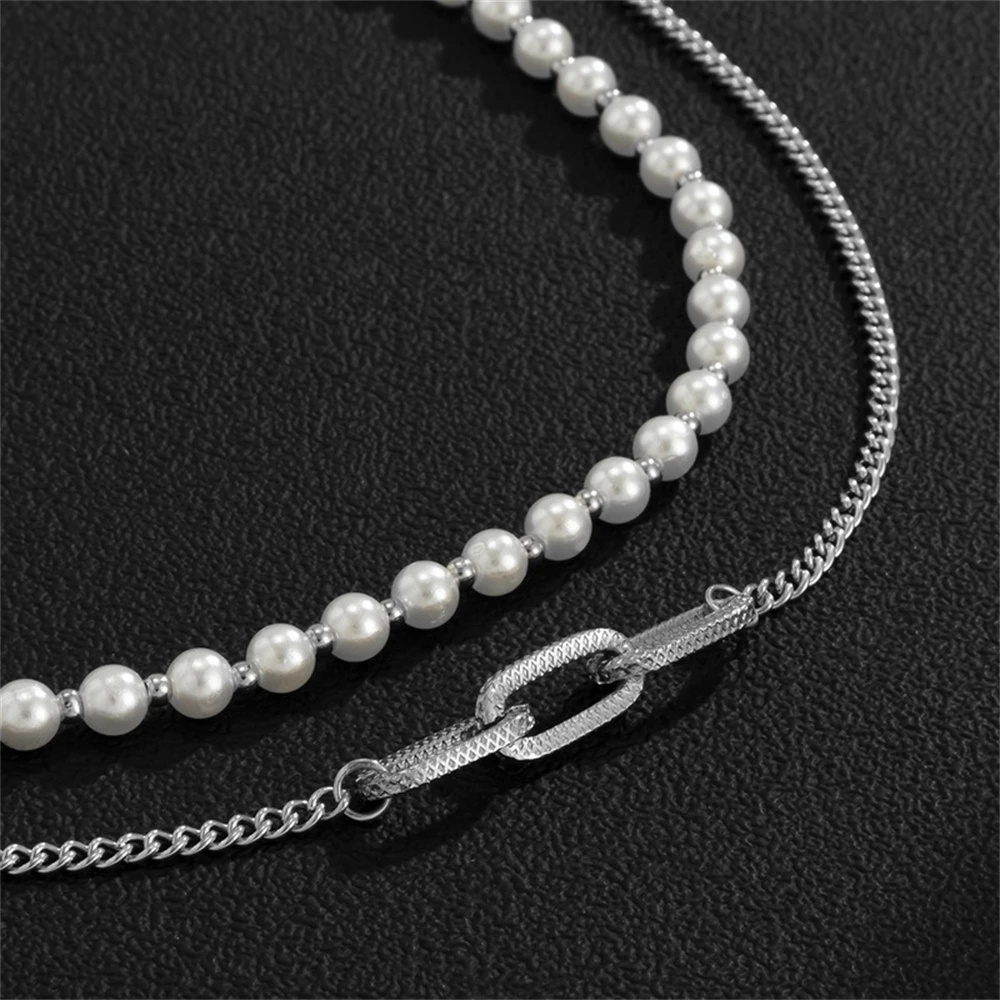 Kalung Choker Rantai Mutiara Imitasi Double Layer Gaya Vintage Hip-Hop Korea Untuk Unisex