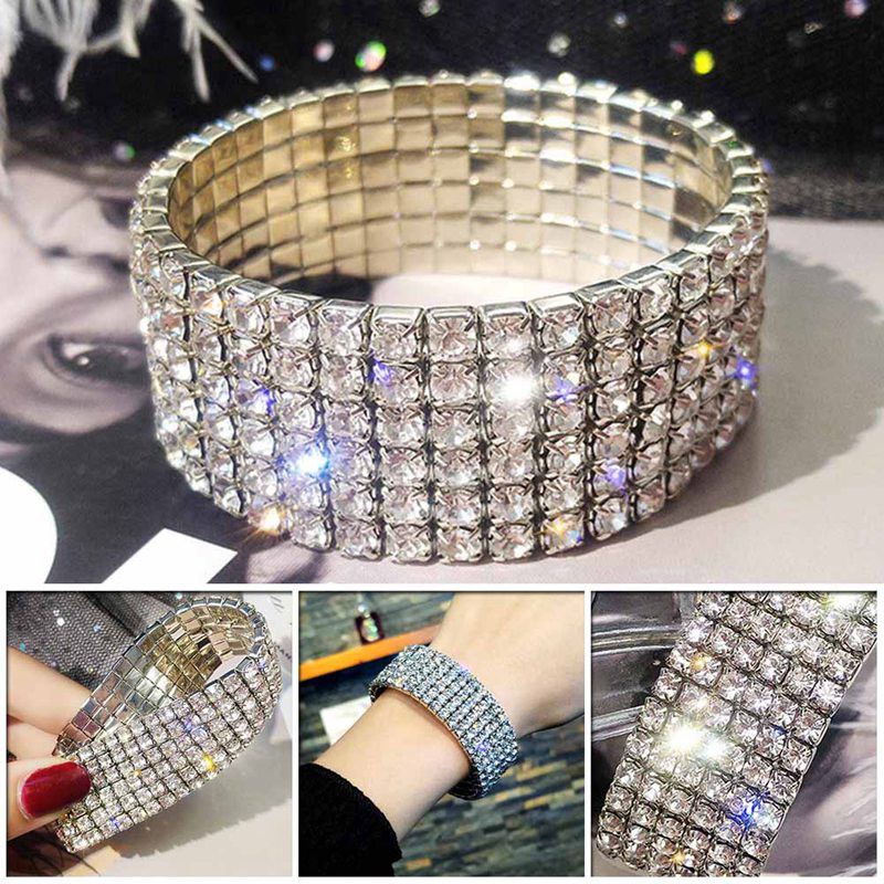 Fancyqube Gelang Bangle Elastis dengan Hiasan Kristal Berlian Imitasi untuk Pasangan