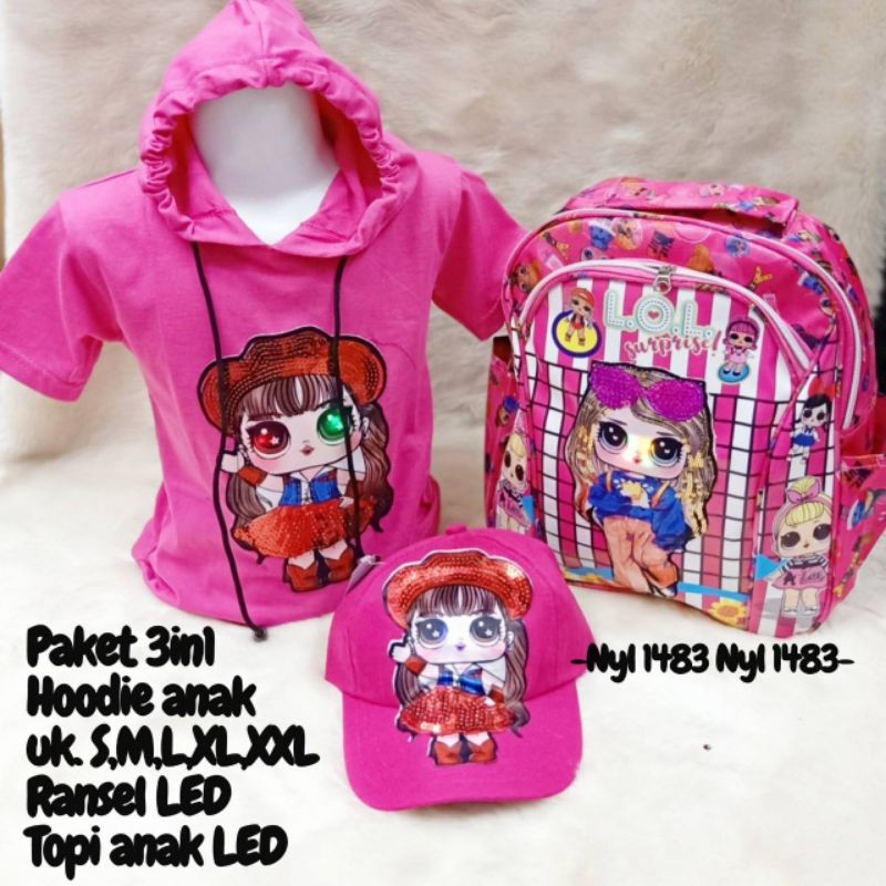 PAKET MURAH 3IN1 KAOS HOODIE ANAK LED LOL + TAS RANSEL LED + TOPI LED LOL SIZE 2-10TAHUN