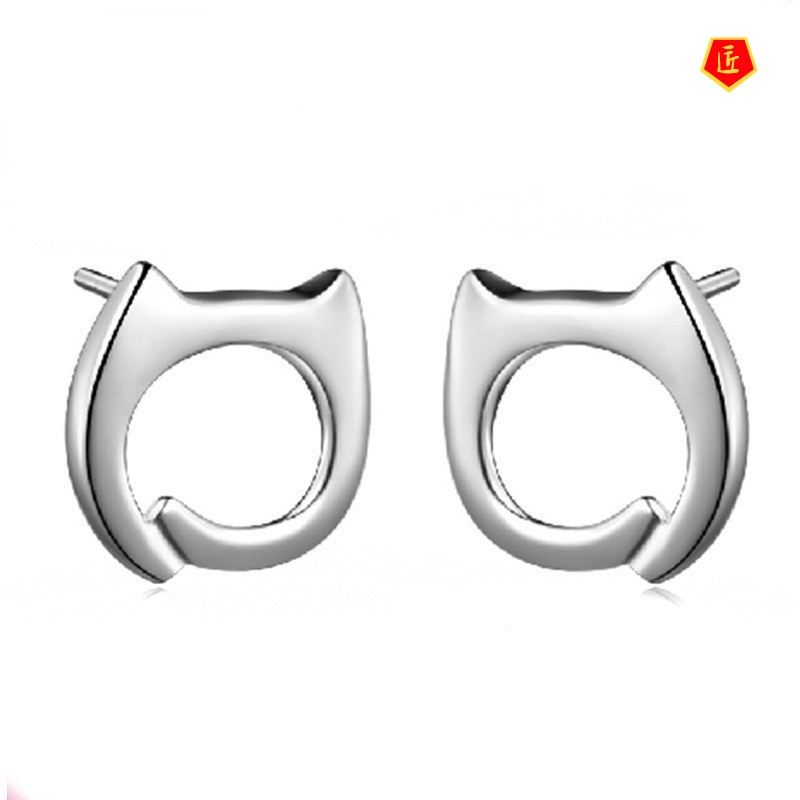 [Ready Stock]Silver Cute Fashion Hollow Cat Stud Earrings