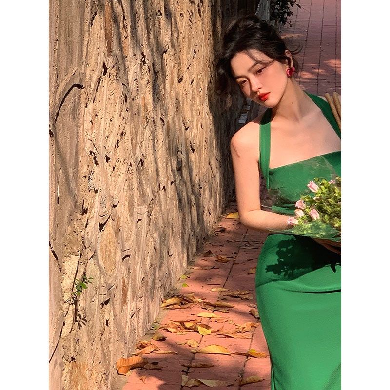 Selebriti Internet Yang Sama Style Bahasa Perancis Retro Halter Tali Spaghetti Dress