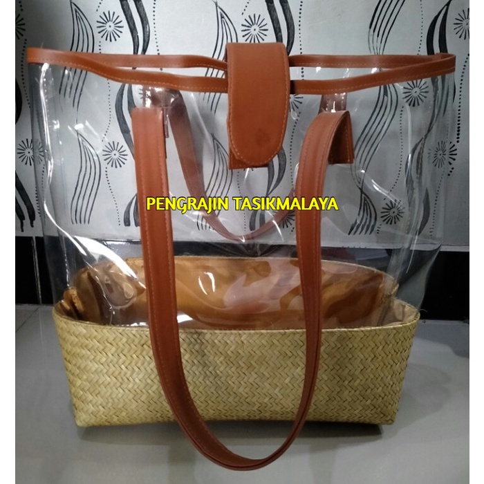 

✨ BISA COD ✨ Tas Mika Transparan Tas Kombinasi Anyaman Pandan Kepang Set Isi 3