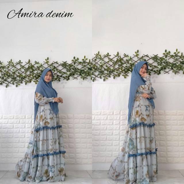 Gamis syari arraffa ceruty babydoll ultimate motif amira biru denim