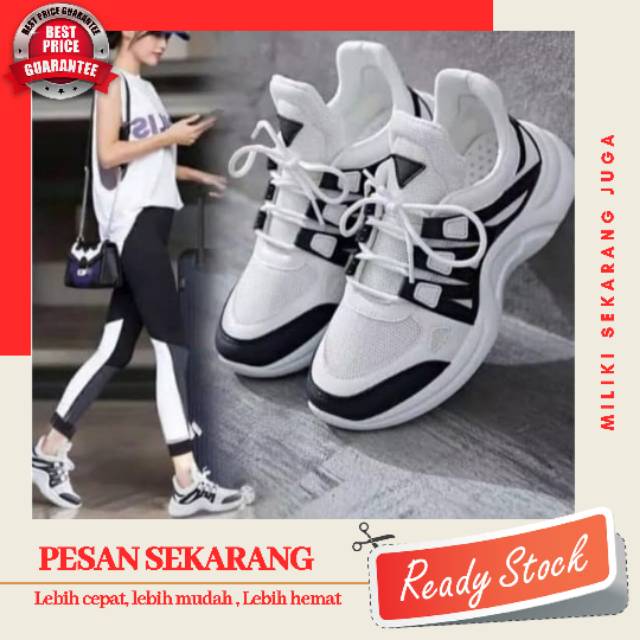 Sepatu sneakers wanita olahraha sports warna putih list hitam fashion wanita korea /kets cewek