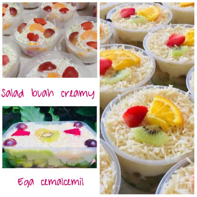 

Salad buah creamy dengan buah segar dan fres dibalur dengan saus mayo yg creamy dan taburan keju