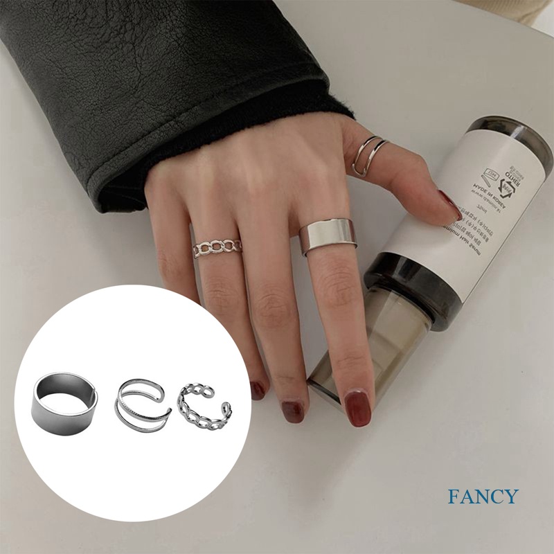 3pcs / Set Cincin Adjustable Warna Silver Gaya Korea Untuk Pria Dan Wanita