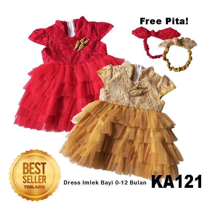 Dress Baju Gaun IMLEK GRATIS Pita Merah Pesta Bayi Perempuan 0- 12 bulan Princess Kado KA121