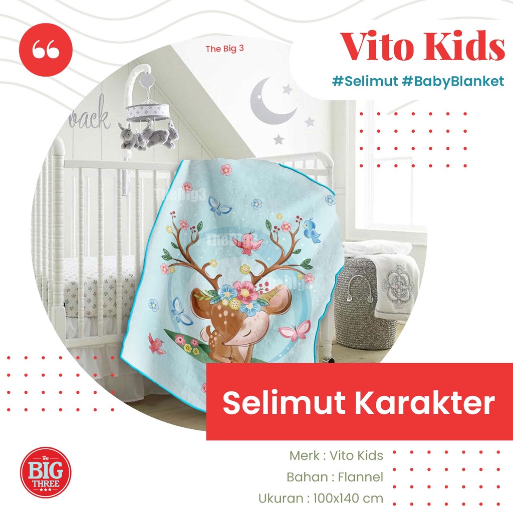 Vito Kids Selimut Karakter Anak 100x140 cm - Single Size Lucu Cowok Cewek Bambi Mobil Family Flaming