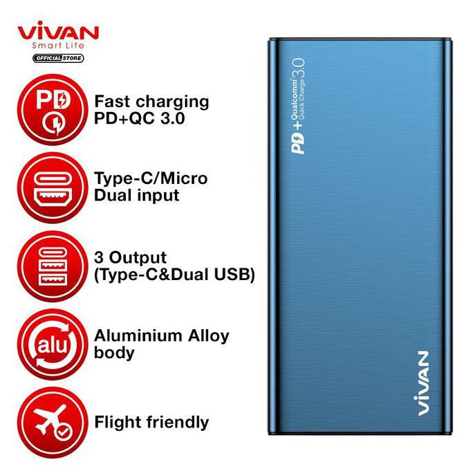 POWERBANK DUAL USB VIVAN POWER BANK 10000MAH 18W QUICK CHARGE VPB-F10S - BIRU