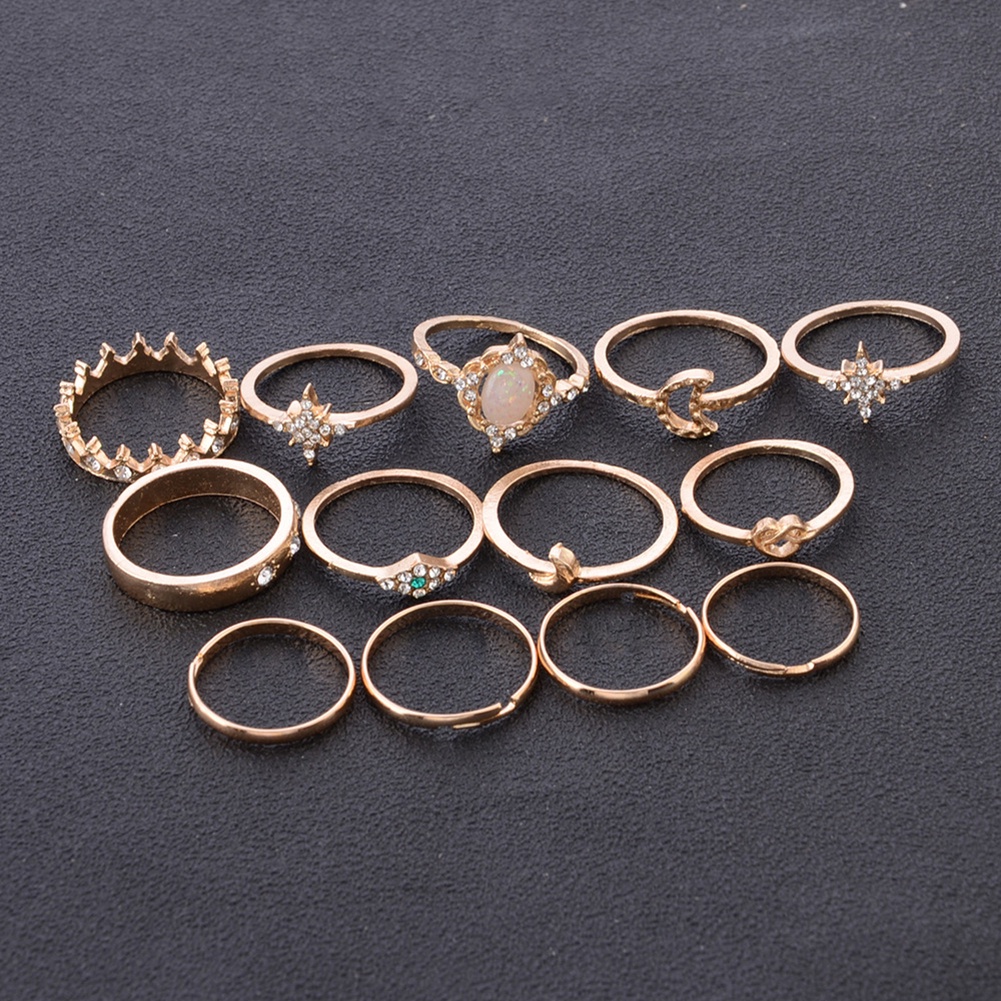 Hu Hu Hu Hu Hu Alat Bantu Pasang Kacamata♡ 13pcs / Set Cincin Buku Jari Aneka Bentuk Gaya Boho Untuk Wanita