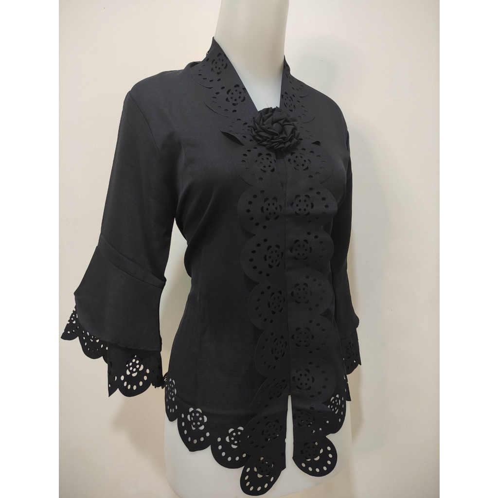 Atasan Kebaya Encim Modern Aneka Warna Broken White | Putih Cerah | Hitam | Kuning | Maroon|Abu|Coklat / Kebaya Wisuda Mewah / Kebaya Akad Nikah Kekinian / Kebaya Moderen Kondangan Jumbo Aldora-Hitam
