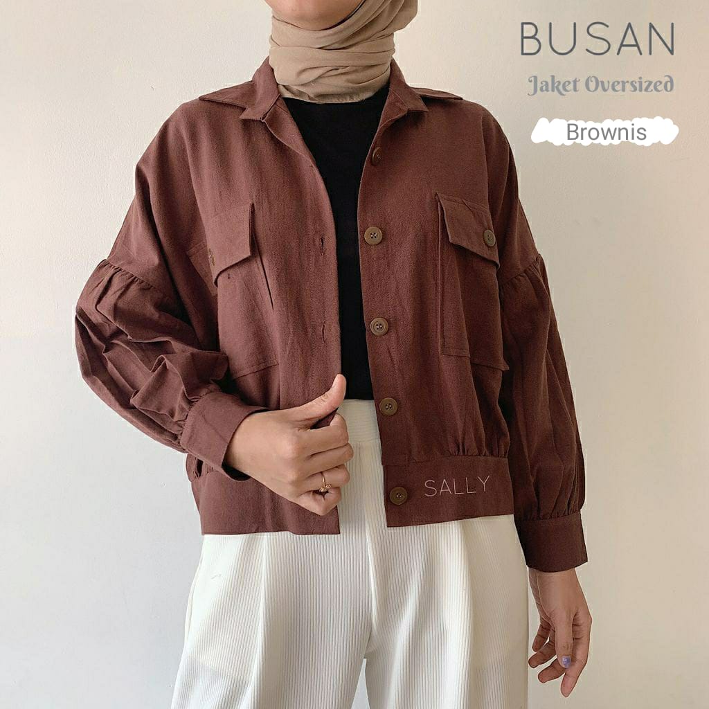 Busan Jaket Wanita Korean Style Oversize Saku Depan - Jaket Oversize Crop Outer-Brownis