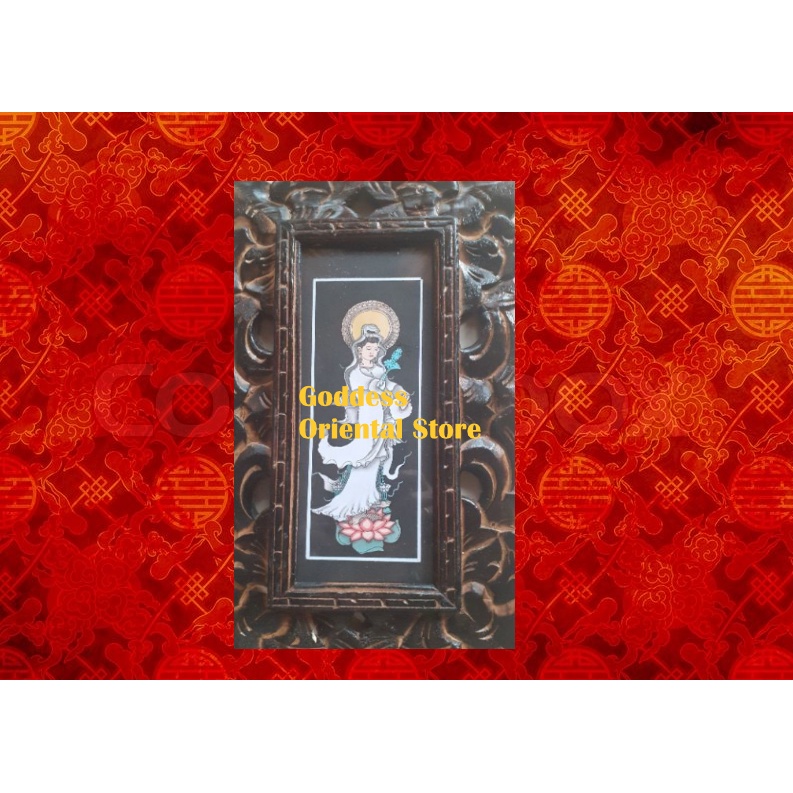 Lukisan Artisan Handcrafted Handmade Dewi Kwan Im Guan yin berdiri membawa bunga lotus dan kendi vas