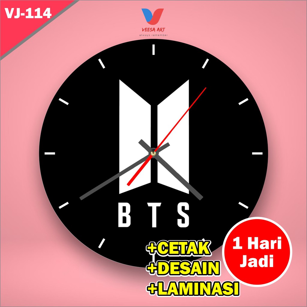 Jam Dinding MDF Hiasan pajangan rumah motif logo BTS KPOP Korea Home decor lucu unik hitam murah