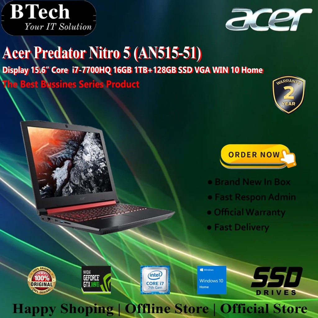 Acer Predator Nitro 5 (AN515-51)Core i7-7700HQ/16GB/1TB+128GB SSD/W10H