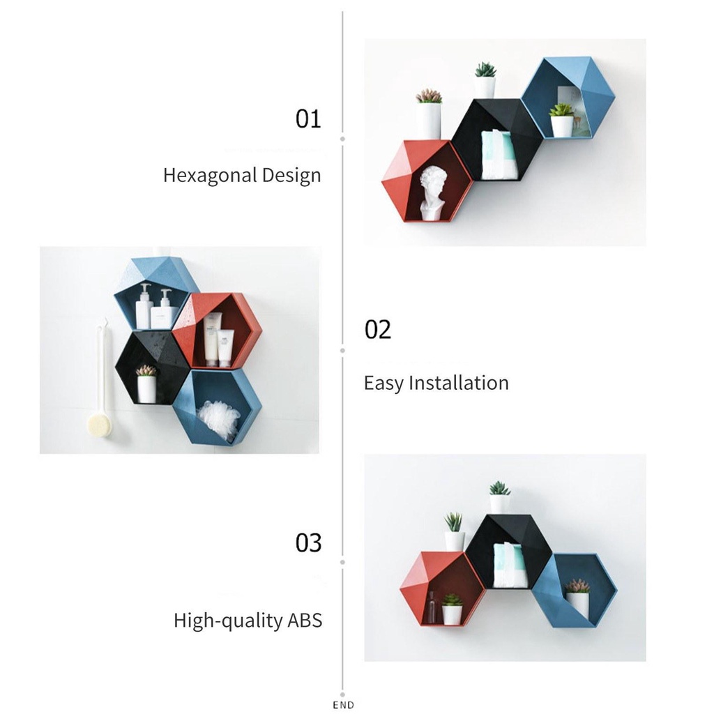 Rak Gantung Dinding Tempel Minimalis Dekorasi Dinding Hexagonal Aesthetic Plastik ABS Kuat Untuk Ruang Tamu Kamar Mandi Rumah Kafe