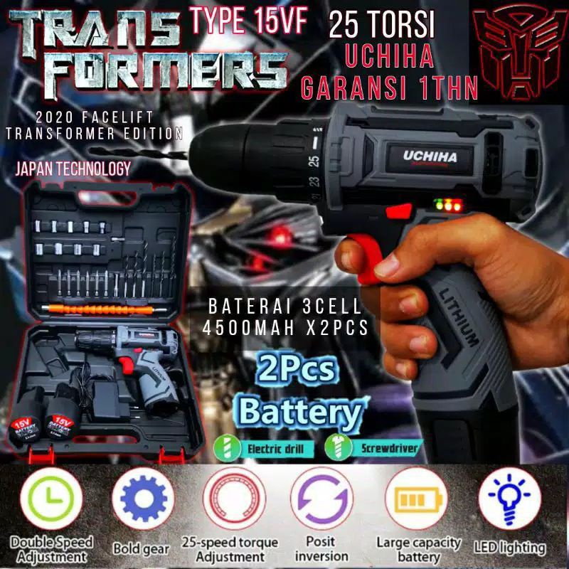 Mesin Bor Baterai Uchiha 15v, Cordless 10mm Fullset Canggih
