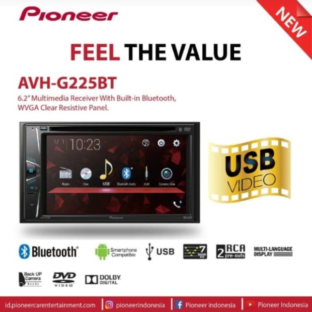 Dijual PIONEER AVH-G225BT Tape Mobil AVH G225 BT Double Din avhg225bt Diskon