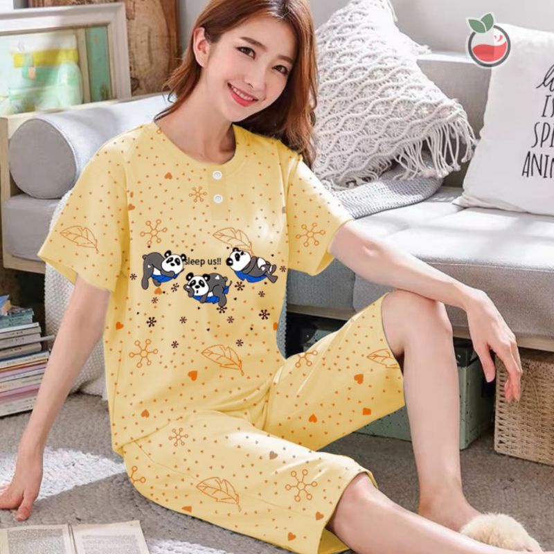 SUNCHERY COD BAJU TIDUR 3/4 ALL SIZE/BABYDOLL KEKINIAN MURAH/SLEEPWEAR WANITA-PANDA KUNING