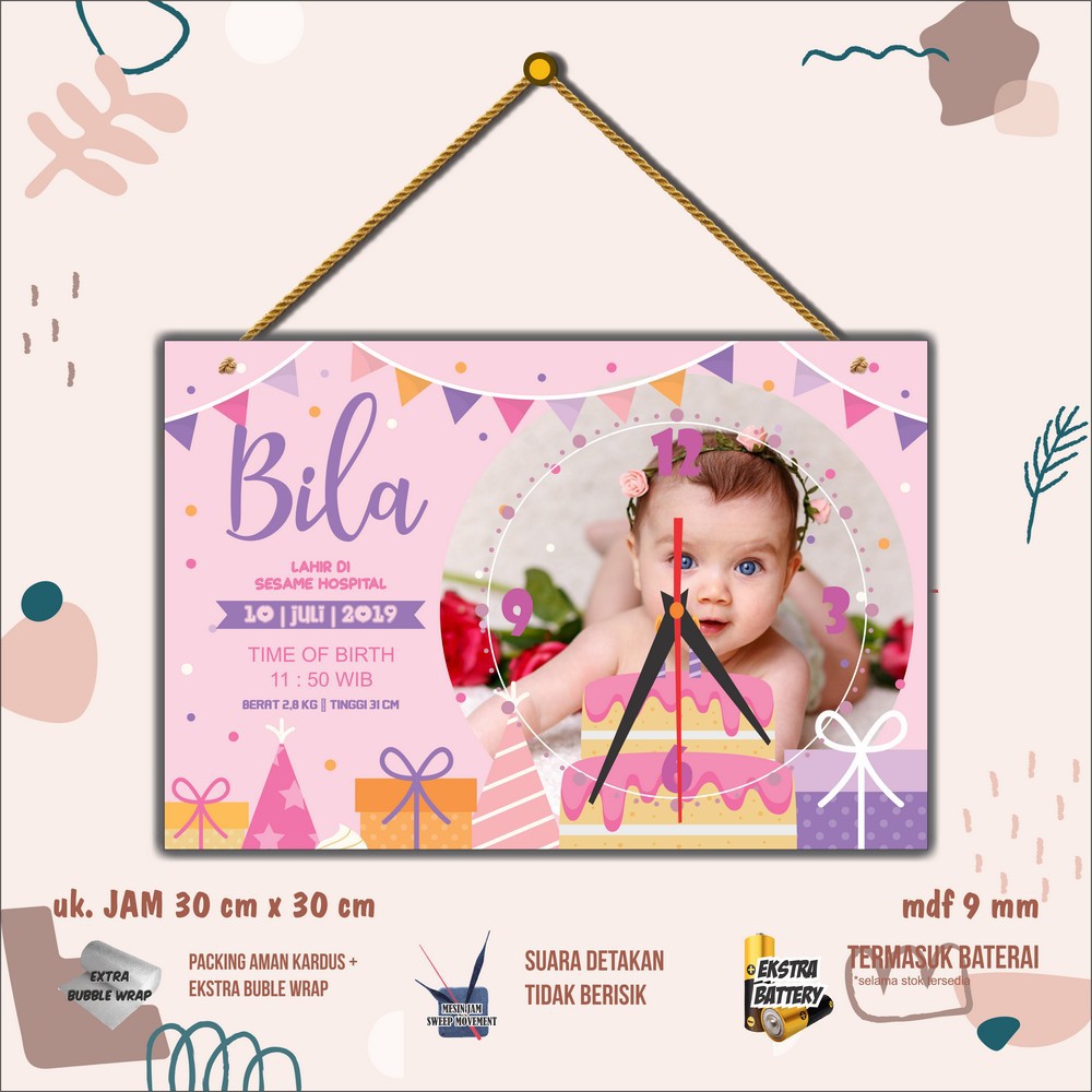 jam biodata anak/ jam dinding kayu custom foto anak/ bayi/ baby shower kado ulang tahun AR-I