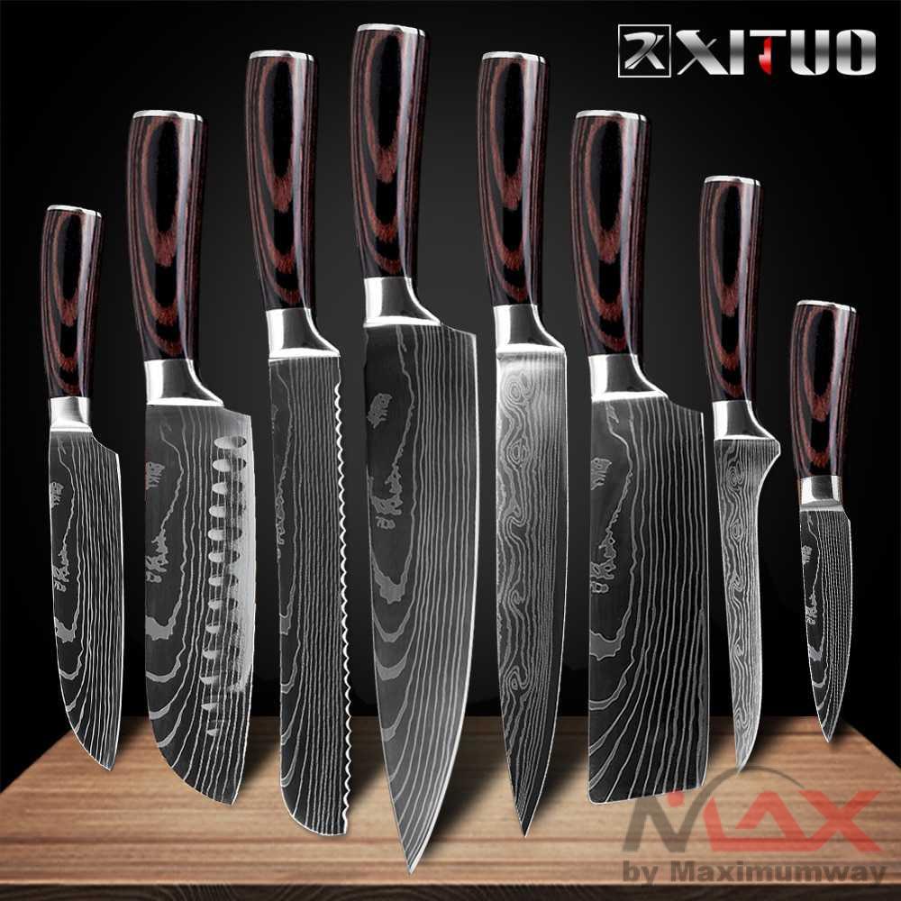 XITUO Pisau Dapur Baja 7CR17 kualitas Tinggi Super tajam Profesional  XITUO Stainless Steel Kitchen Knives Japanese Damascus Pattern Chef Knife Sets Cleaver Paring Santoku Slicing Utility Tool Qing High Quality Japanese Kitchen Knives Cutlery Set Stainles