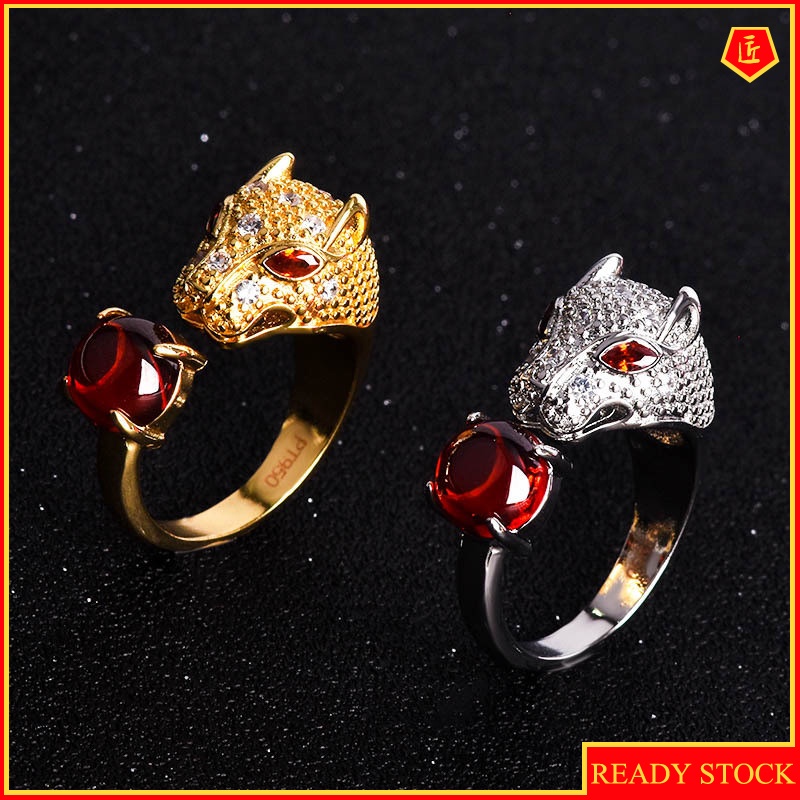 [Ready Stock]Domineering Leopard Head Ring Inlaid with Natural Garnet