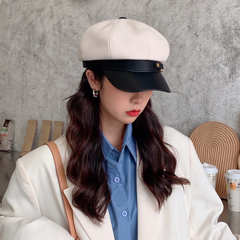 Topi Baret Bahan Kulit Gaya Vintage Korea Untuk Wanita