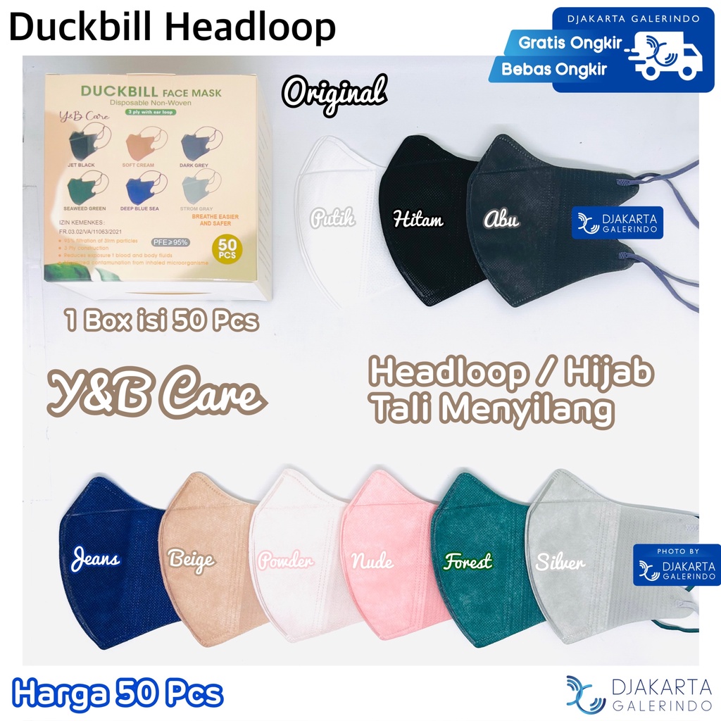 Masker Duckbill Headloop / Duckbill Hijab Mix Warna 1 Box isi 50 Pcs