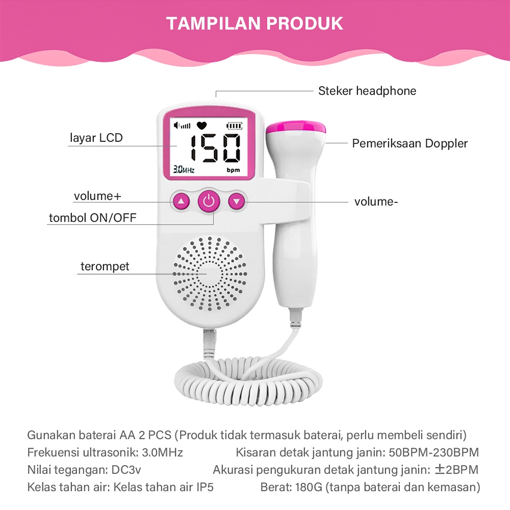 Fetal Doppler Alat Pendeteksi Denyut Jantung Janin Bayi Baby USG Digital Ibu Hamil Dopler / Fetal Doppler Pendetaksi Detak Jantung Janin + Free Gel Ultrasound Dan Baterai / Fetal Doppler Alat Pendeteksi Detak Jantung Janin Bayi Free Gel Sound