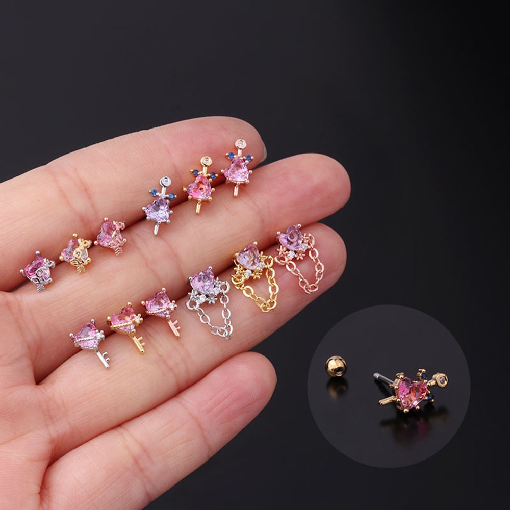 Needway  Personality Stud earrings Simple Piercing jewelry Heart cartilage earrings Helix screw Fashion Korean style Temperament Earrings for women Zircon Earbone nail/Multicolor