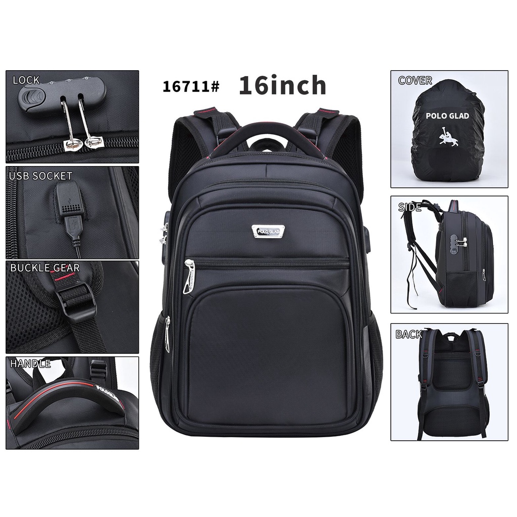POLO GLAD Tas Ransel Sekolah 16 inc Original Backpack Pria Wanita Key Lock FREE USB Port Tas Laptop Ransel Import-2