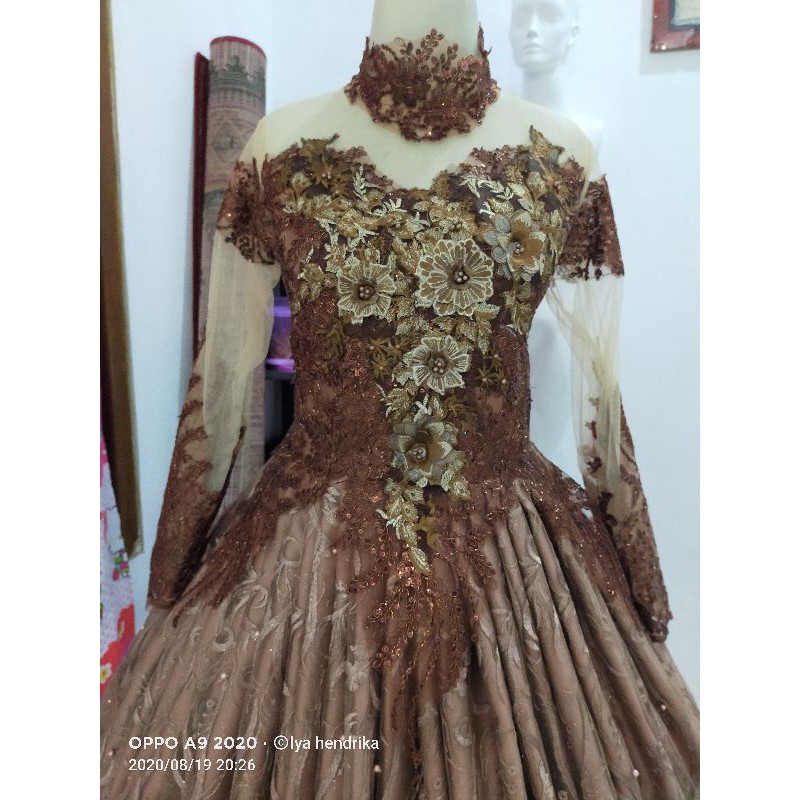 gaun pengantin tile akar mutiara coklat